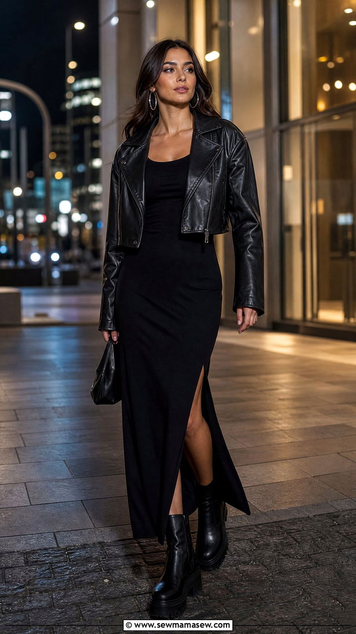 Black Maxi Dress With Leather Jacket And Ankle Boots - 35 maxi dress outfits for women