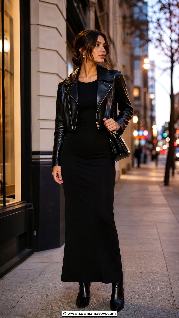 Black Maxi Dress With Leather Jacket Outfit - 35 maxi dress outfits ideas