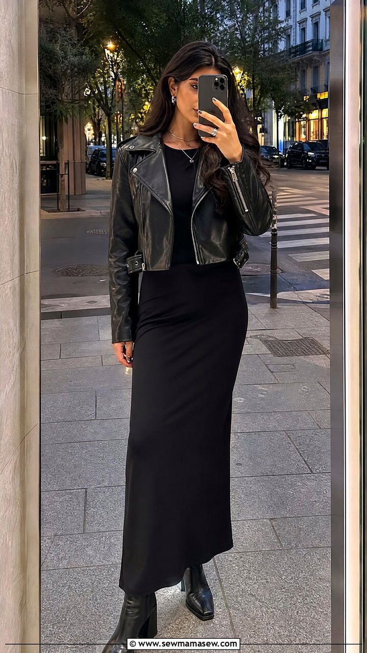 Black Maxi Dress With Leather Jacket and Ankle Boots - 25 chic maxi dress outfit ideas