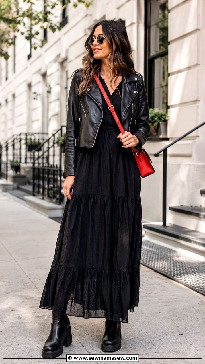 Black Maxi Dress With Leather Jacket - 30 How to style a maxi dress in spring