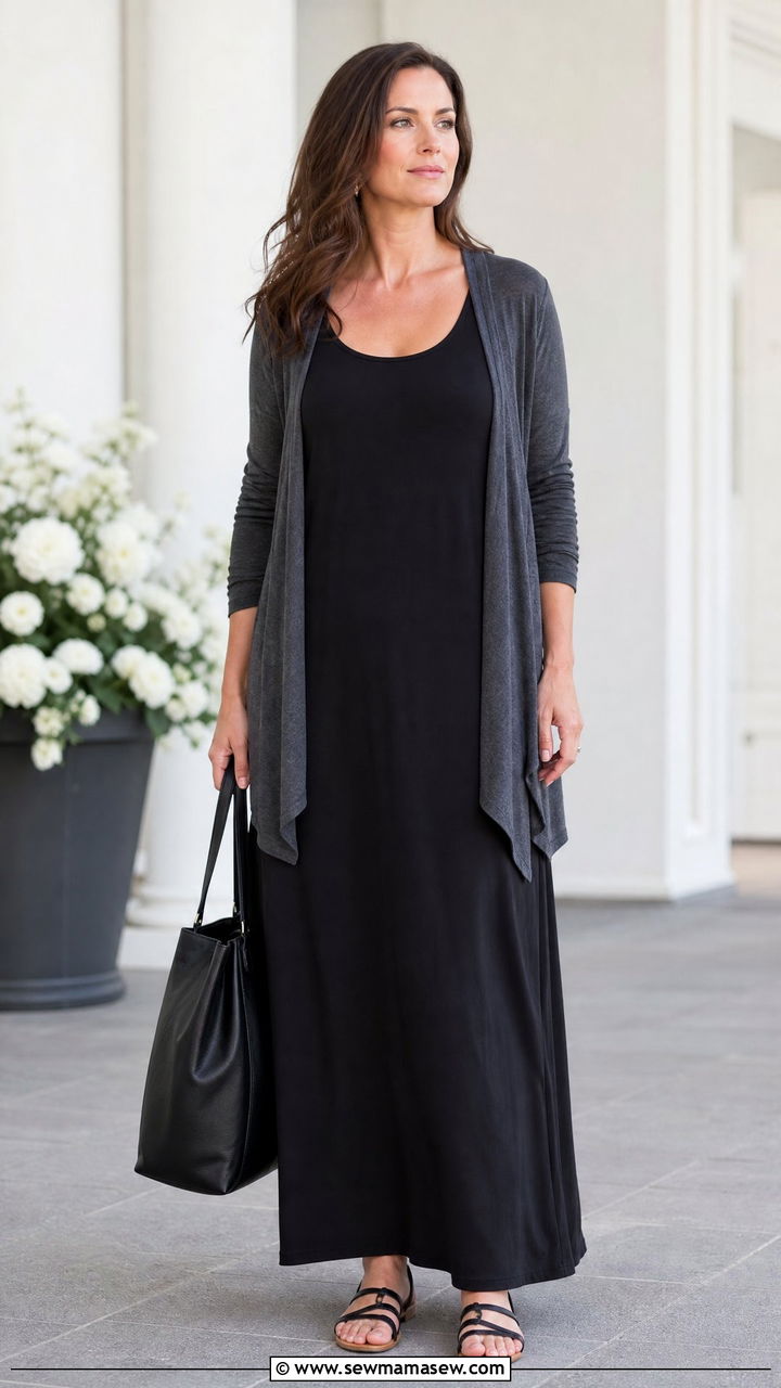 Black Maxi Dress With Lightweight Cardigan - 25 Funeral outfits for summer