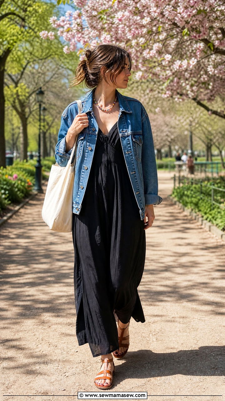 Black Maxi Dress With a Denim Jacket and Flat Sandals - 35 French girl spring outfit ideas
