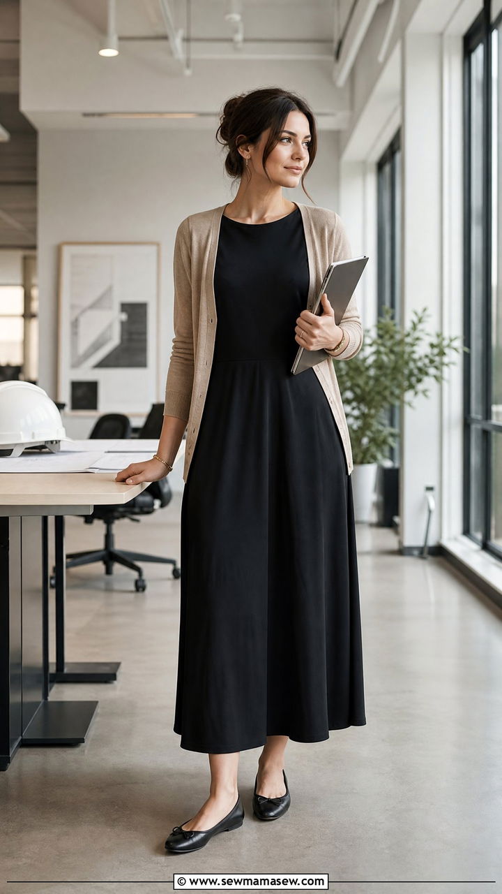 Black Maxi Dress with Ballerinas for Construction Office Day - 30 Construction site outfit ideas for women