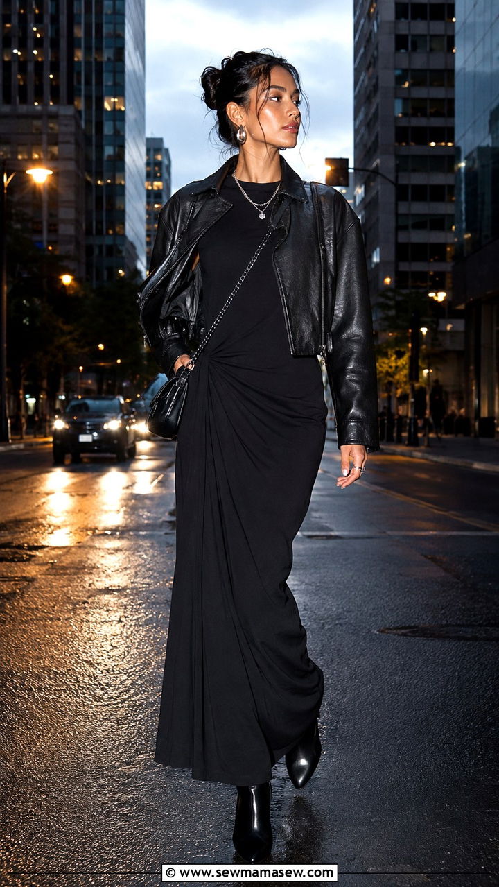 Black Maxi Dress with Leather Jacket and Boots - 30 Spring outfits with maxi dresses