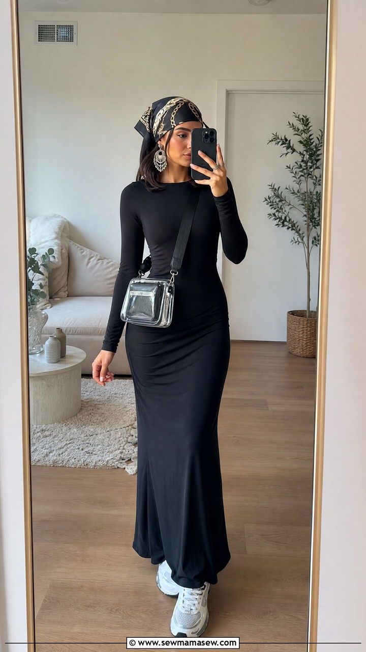 Black Maxi Dress with Sneakers and Statement Earrings - 30 modest music festival outfit ideas