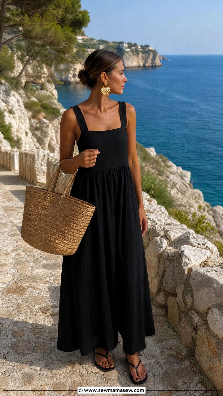 Black Maxi Dress with Woven Basket Bag - 30 summer europe travel outfit ideas