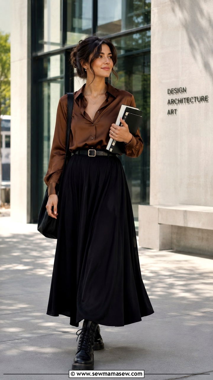 Black Maxi Skirt Satin Blouse Combat Boots Minimal Jewelry - 30 School counselor outfit ideas