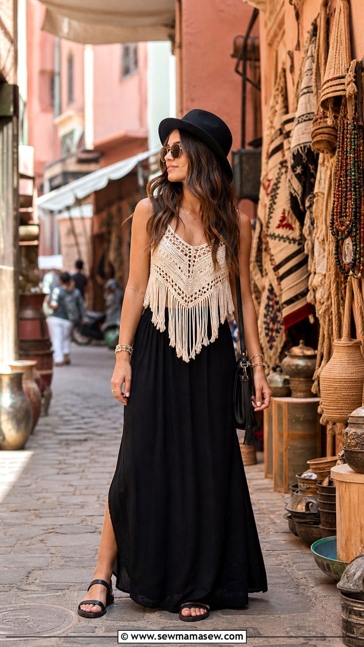 Black Maxi Skirt With A Crochet And Fringe Top - 40 Marrakech outfit ideas