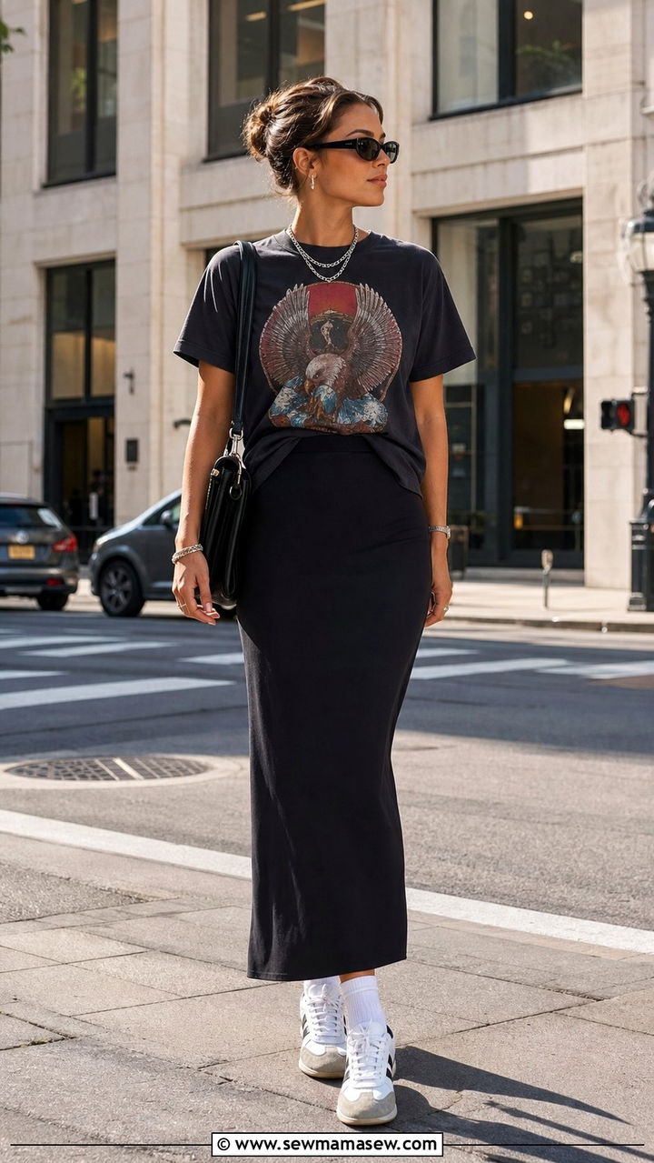Black Maxi Skirt With Graphic Tee And Sneakers - 25 summer maxi skirt outfit ideas