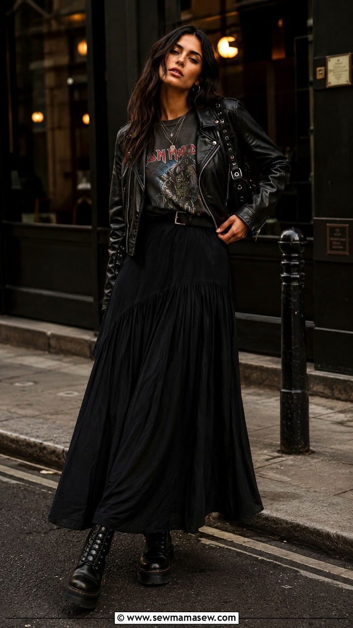 Black Maxi Skirt With Leather Jacket And Graphic Tee - 30 Maxi skirt outfit ideas for summer