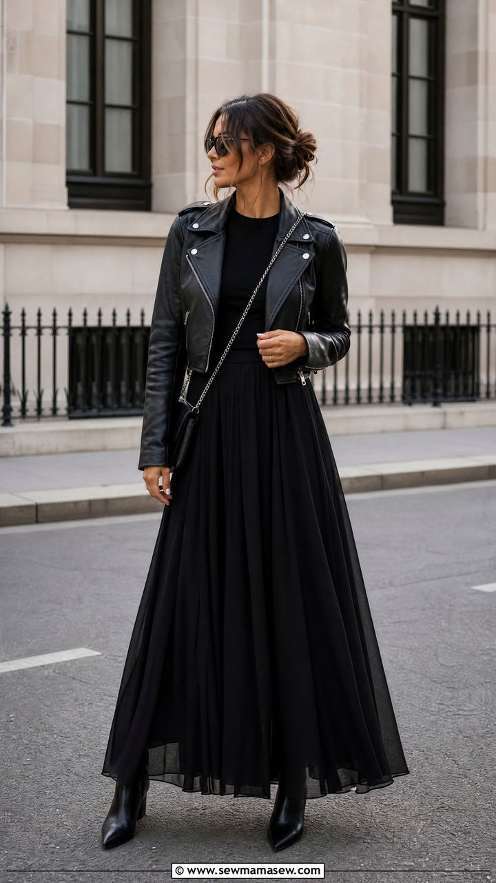 Black Maxi Skirt With Leather Jacket - 35 maxi skirt outfits inspo