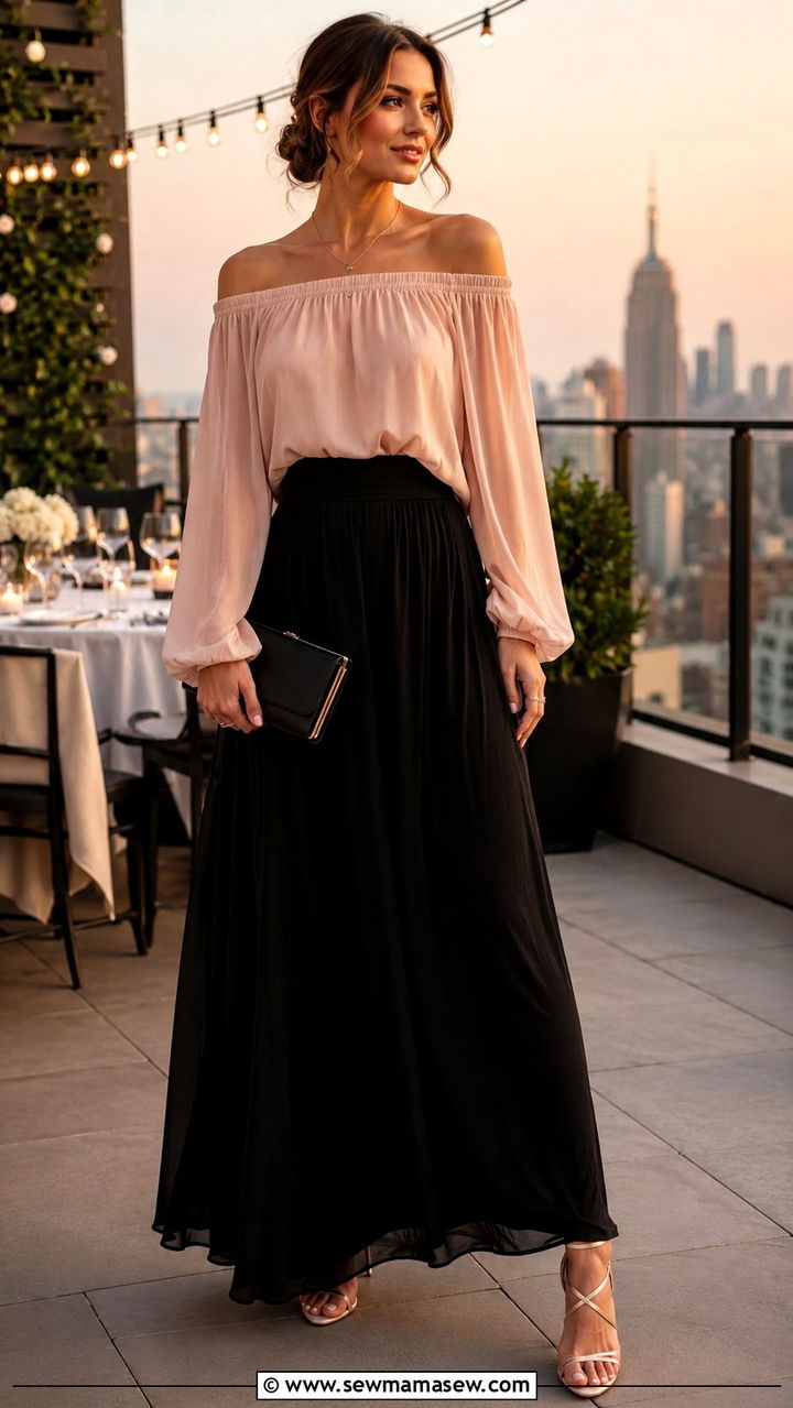Black Maxi Skirt With Off Shoulder Blouse - 30 Maxi skirt outfit ideas for summer