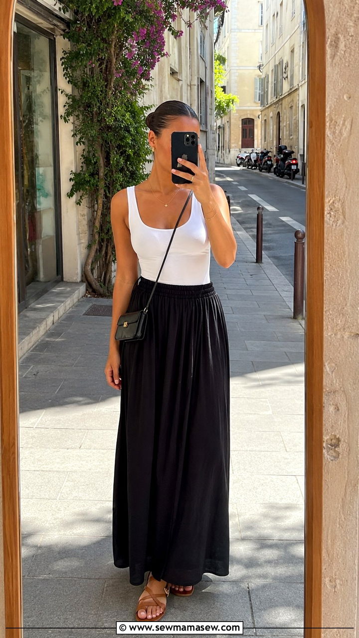 Black Maxi Skirt With White Tank And Sandals - 30 Maxi skirt outfit ideas for summer