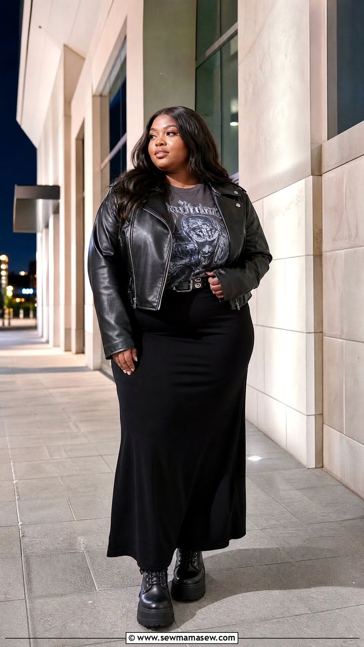 Black Maxi Skirt and Leather Jacket Outfit - 25 Maxi skirt outfit ideas plus size