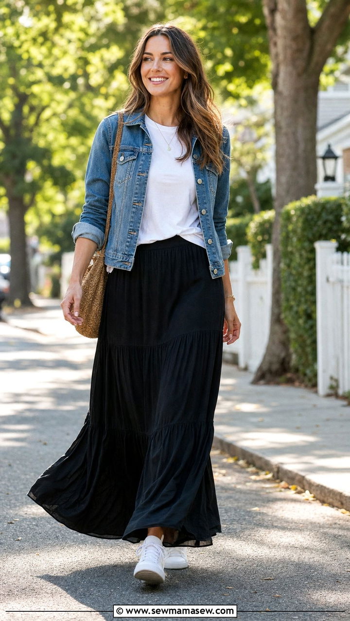 Black Maxi Skirt with Denim Jacket and Tee - 35 casual maxi skirt outfits