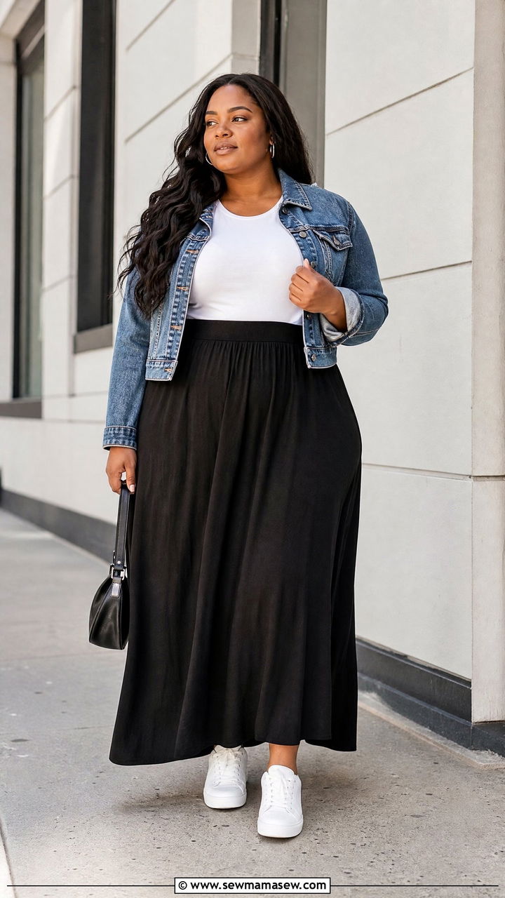 Black Maxi Skirt with Denim Jacket - 25 Maxi skirt outfit ideas plus size