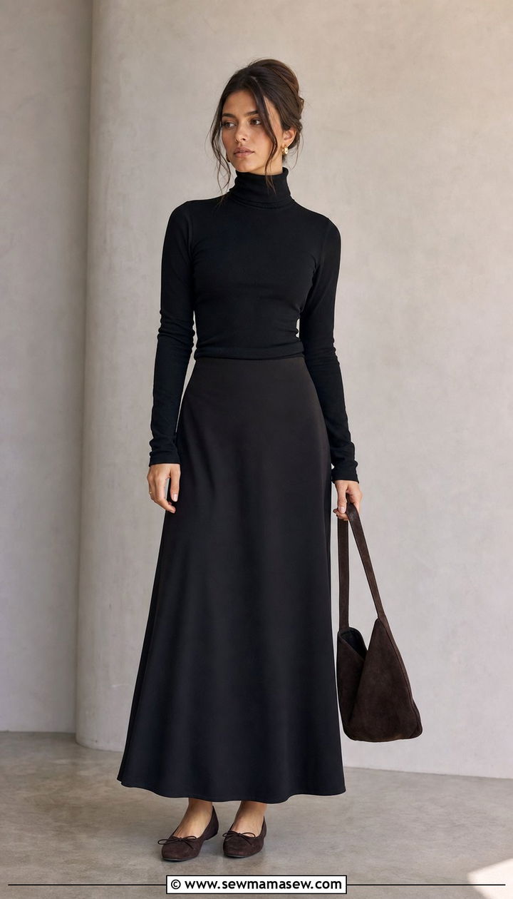 Black Maxi Skirt with Fitted Turtleneck - 35 casual maxi skirt outfits