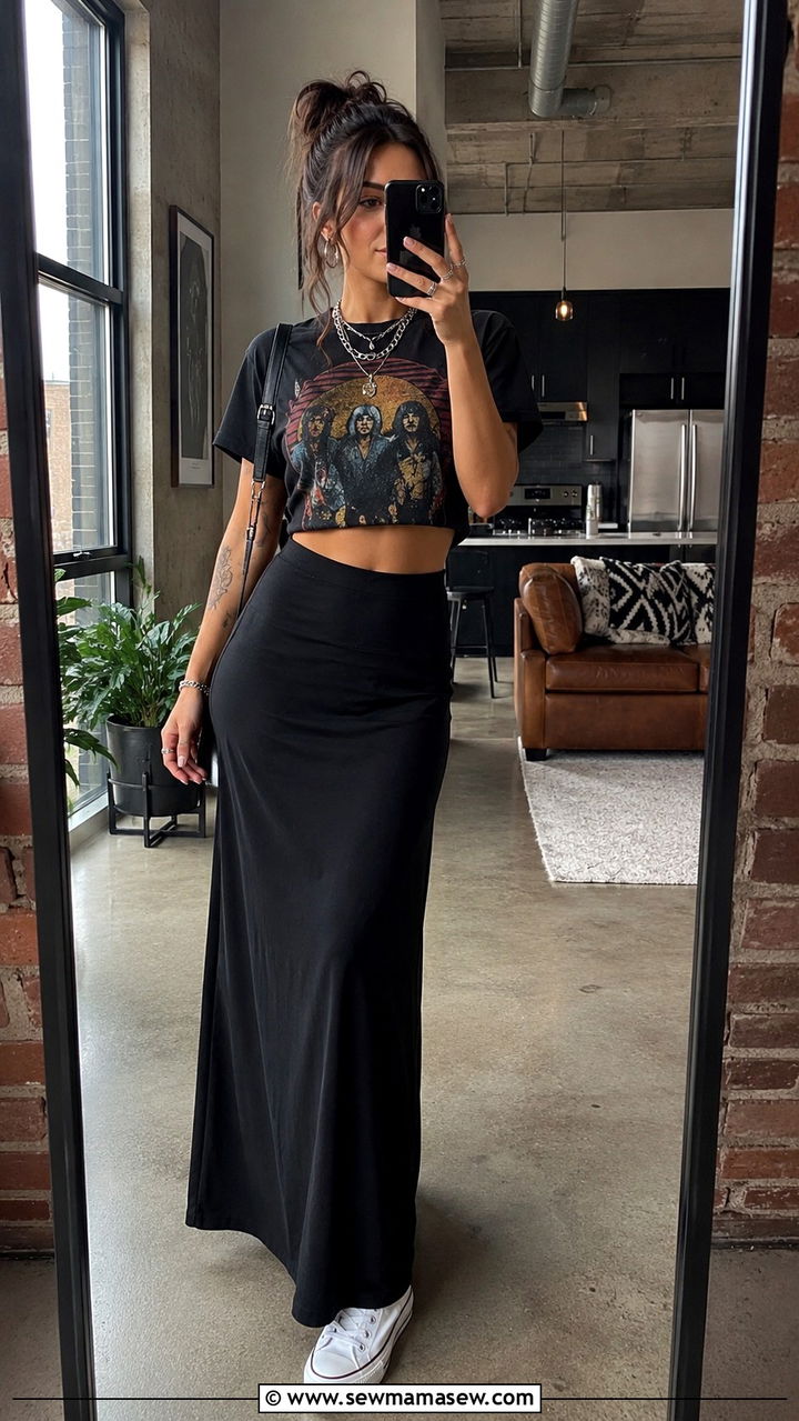 Black Maxi Skirt with Graphic Crop Top - 30 Maxi skirt outfit ideas with a crop top