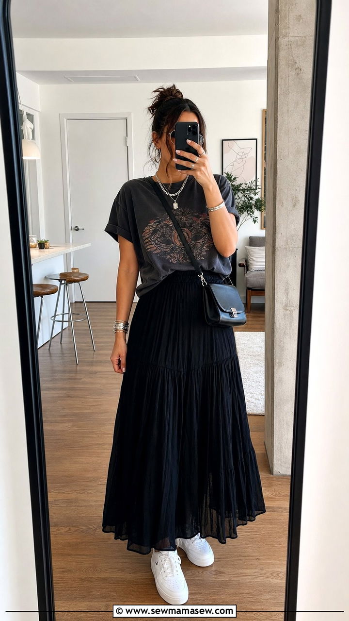 Black Maxi Skirt with Graphic Tee and Sneakers - 35 casual maxi skirt outfits