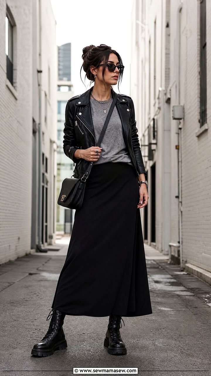Black Maxi Skirt with Leather Jacket and Combat Boots - 35 maxi skirt outfits ideas