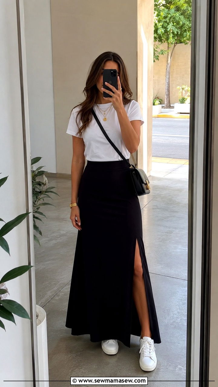 Black Maxi Skirt with White Tee - 30 Maxi skirt outfit ideas with a tee