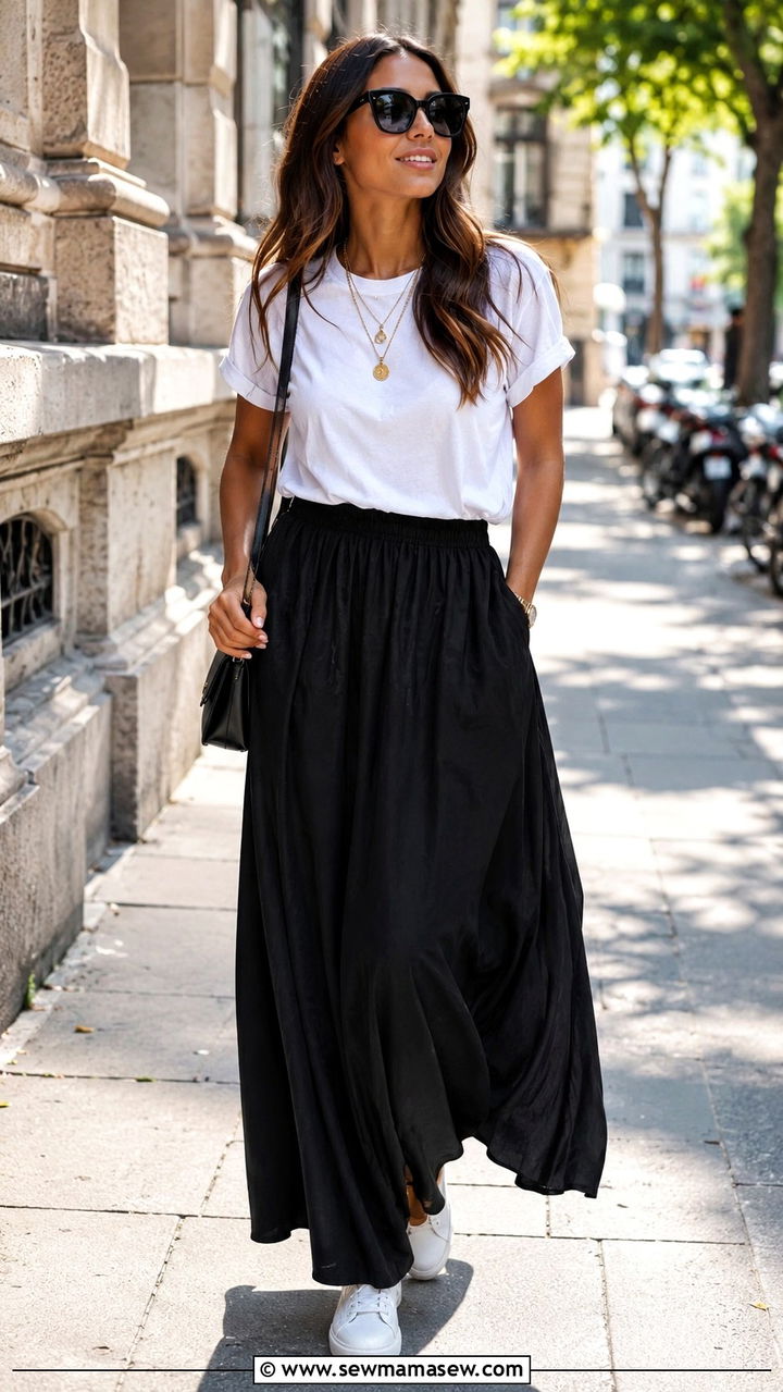 Black Maxi Skirt with White Tee - 30 classy maxi skirt outfits