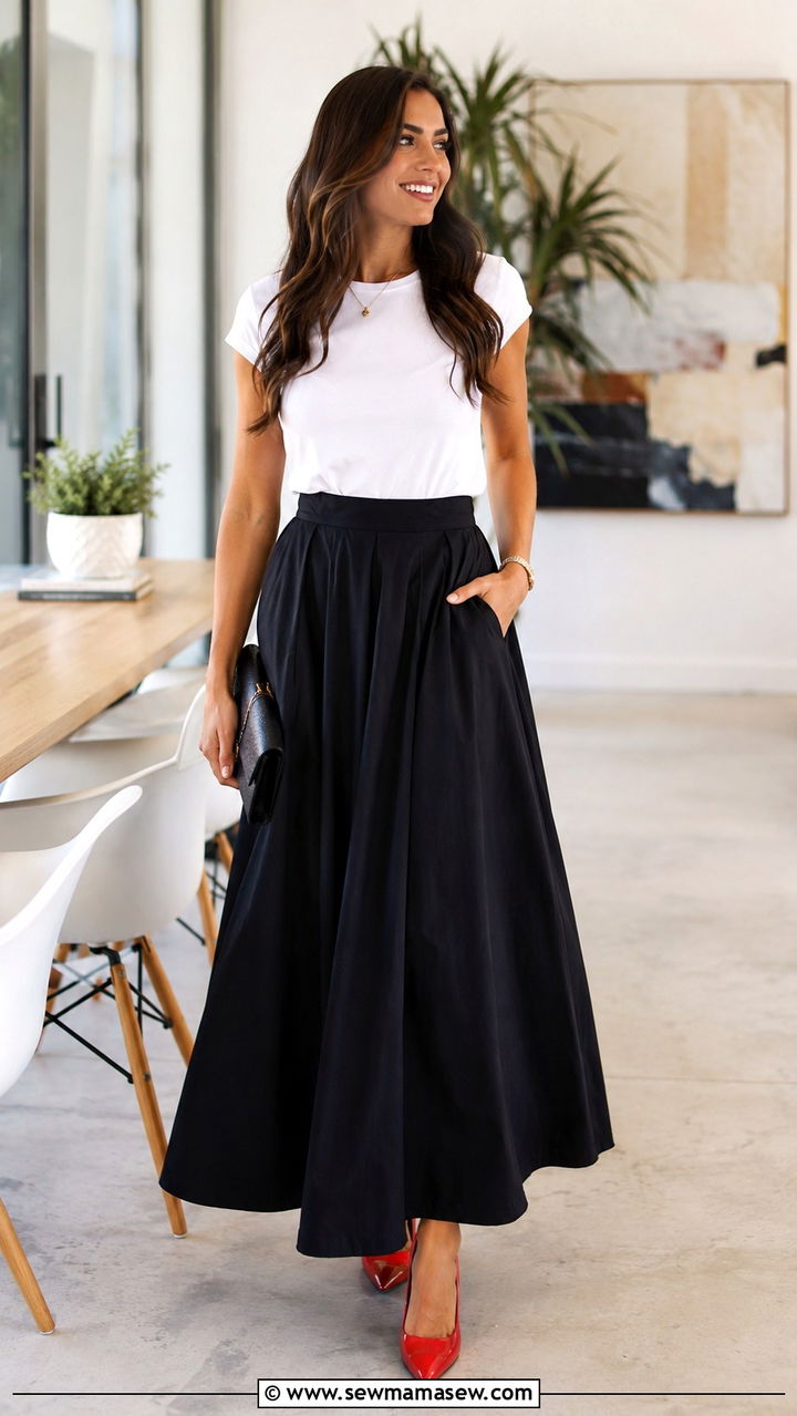 Black Maxi Skirt with a Pop of Color Heel - 30 Maxi skirt outfit ideas with heels