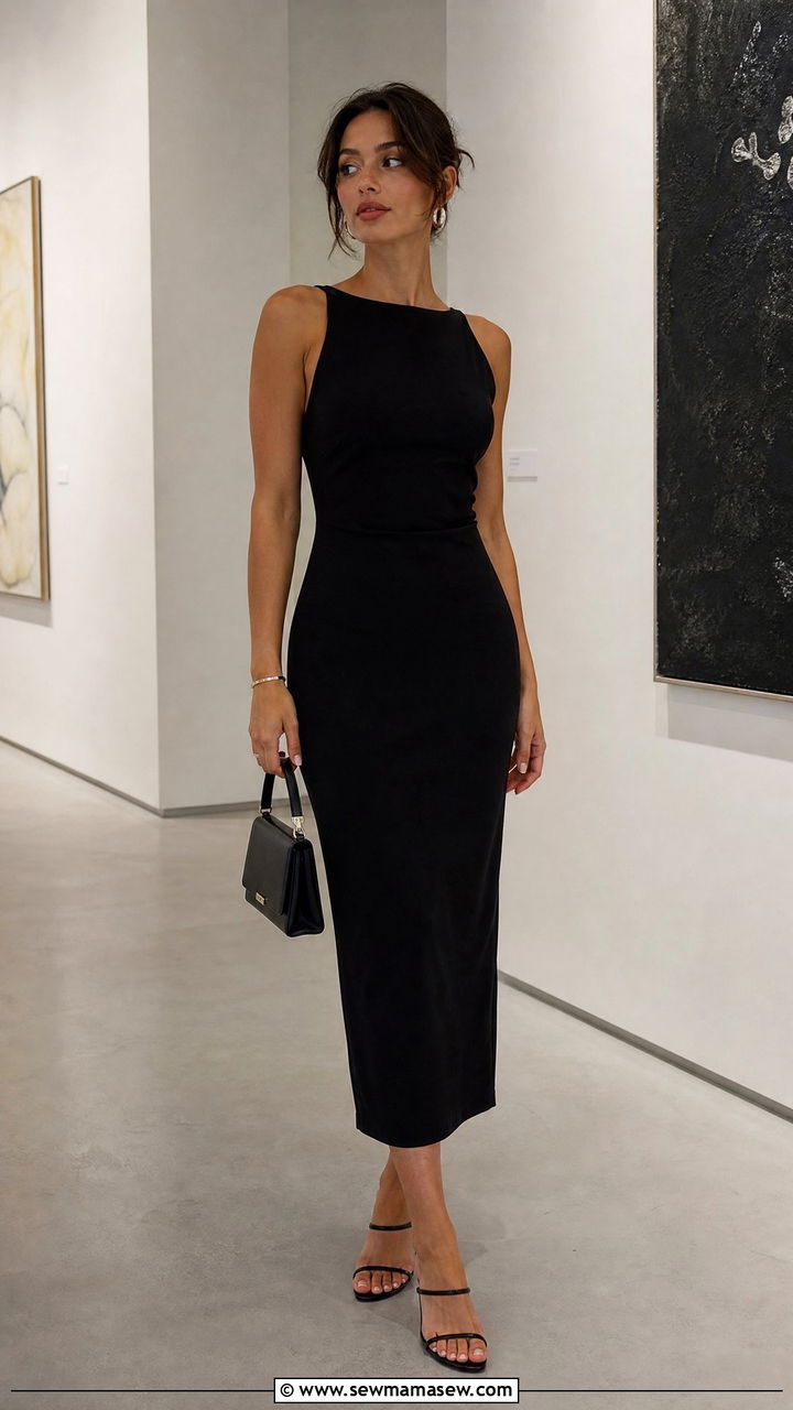 Black Midi Column Dress With Strappy Heeled Sandals - 30 summer 90s outfits