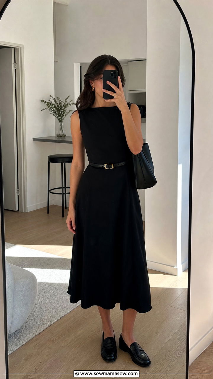 Black Midi Dress And Loafers - 35 Minimalist outfit ideas for work