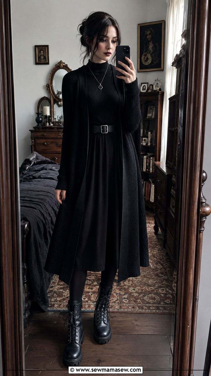 Black Midi Dress Under a Cloak Style Cardigan - 20 dark academia outfits to copy