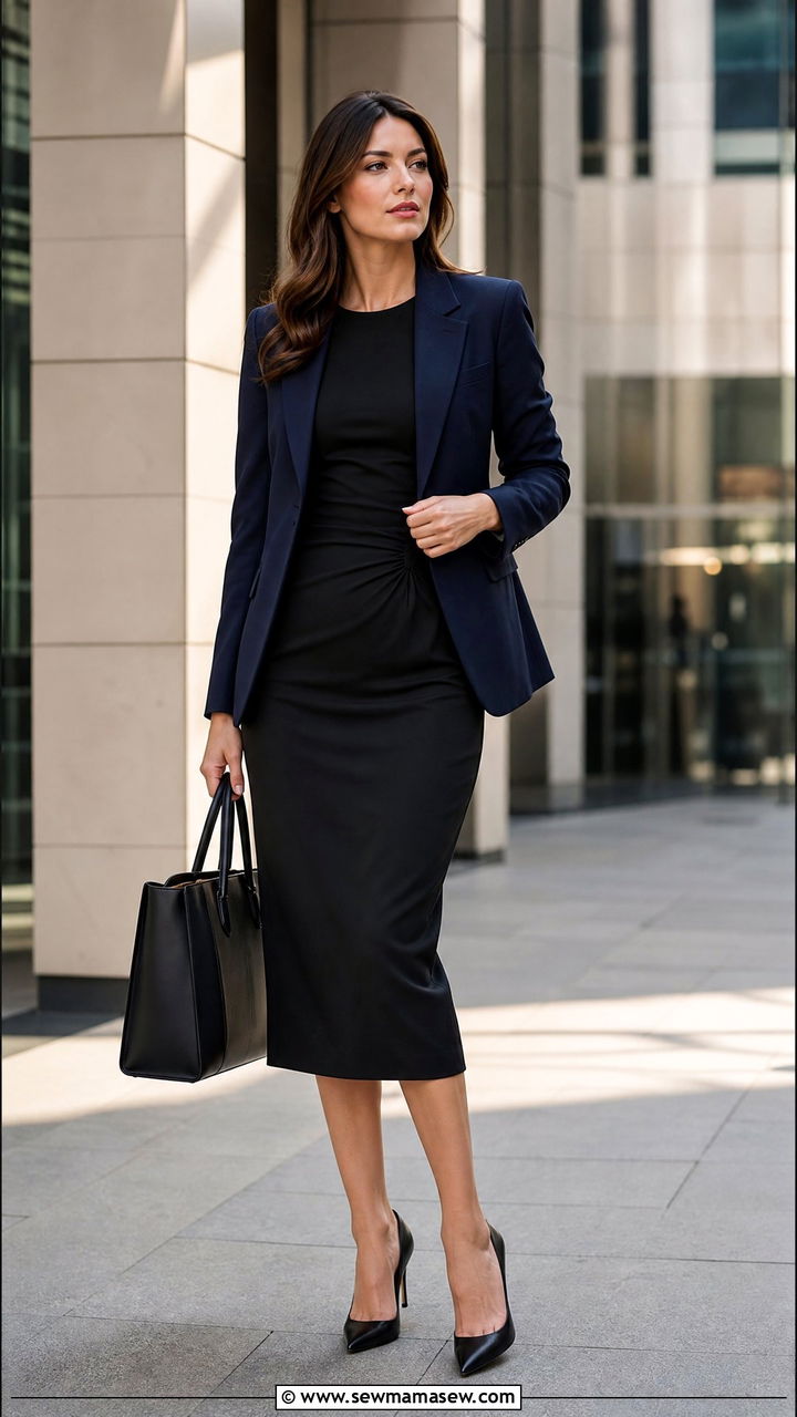 Black Midi Dress With Blazer For Work - 35 midi dress outfit ideas for women