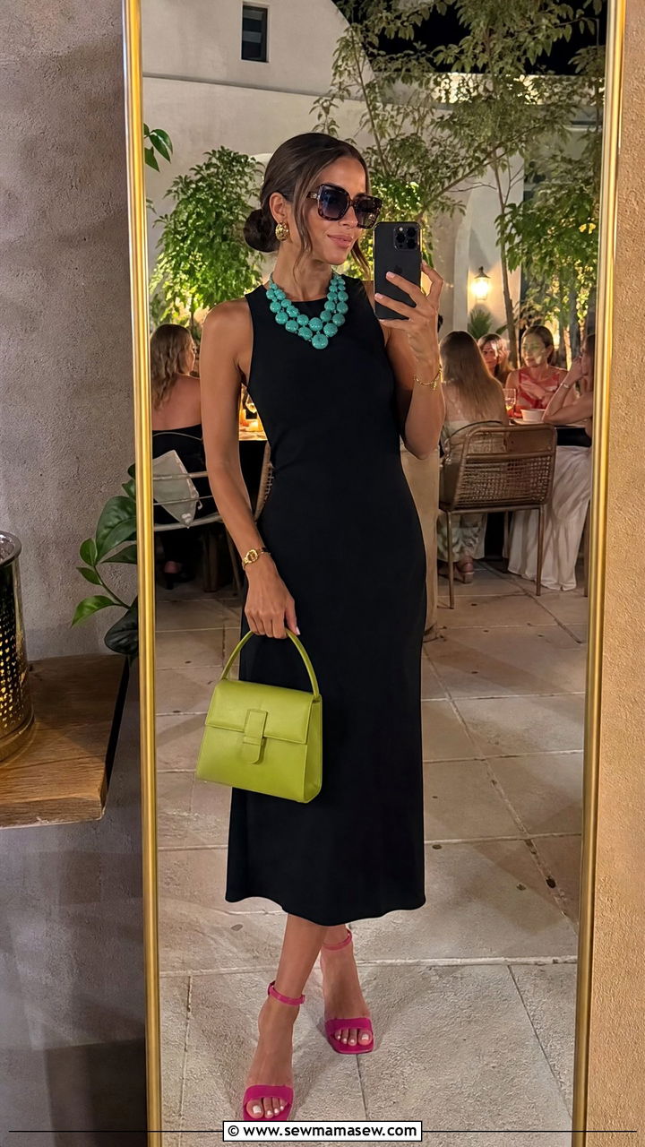 Black Midi Dress With Colorful Accessories Outfit - 30 summer night out outfit ideas
