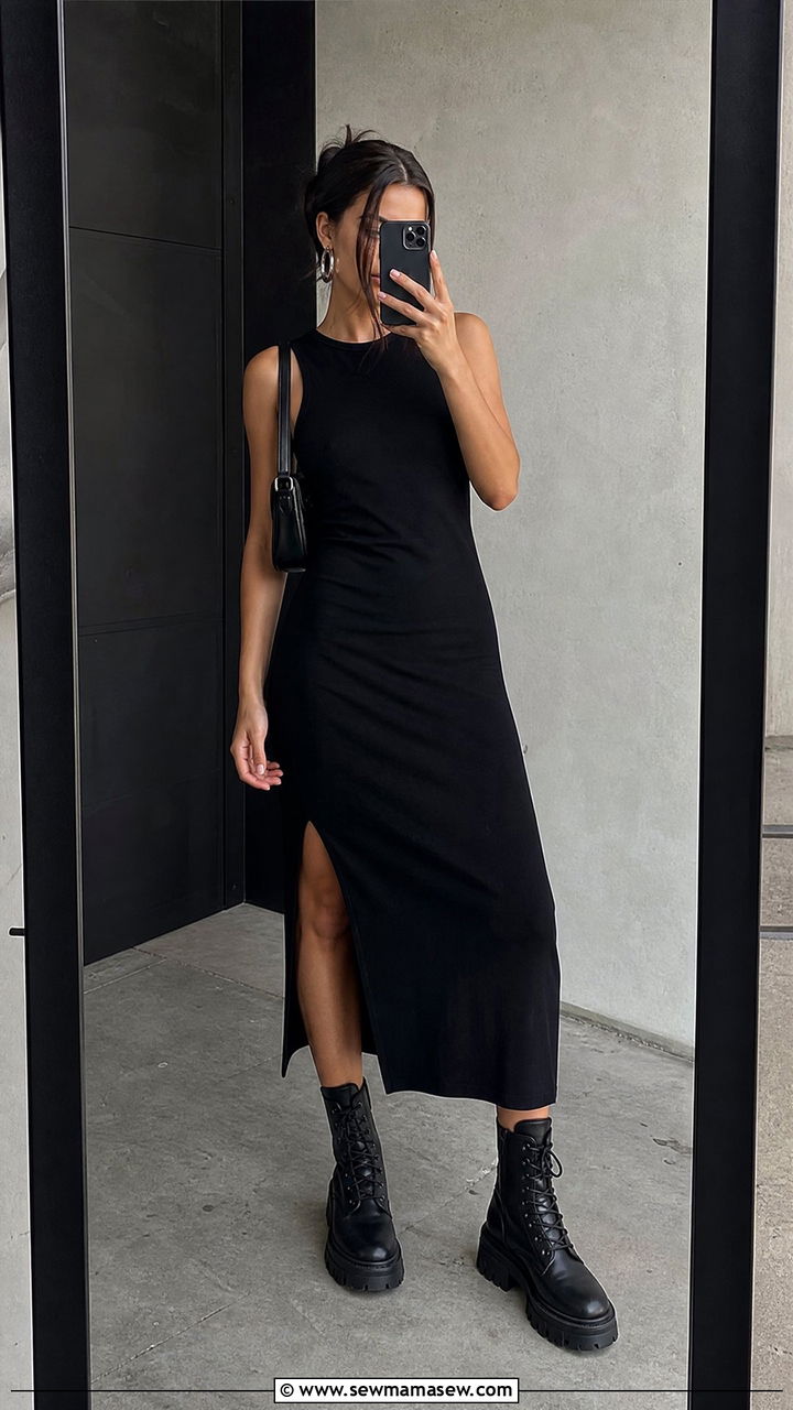 Black Midi Dress With Combat Boots - 30 Midi dress outfit ideas with boots