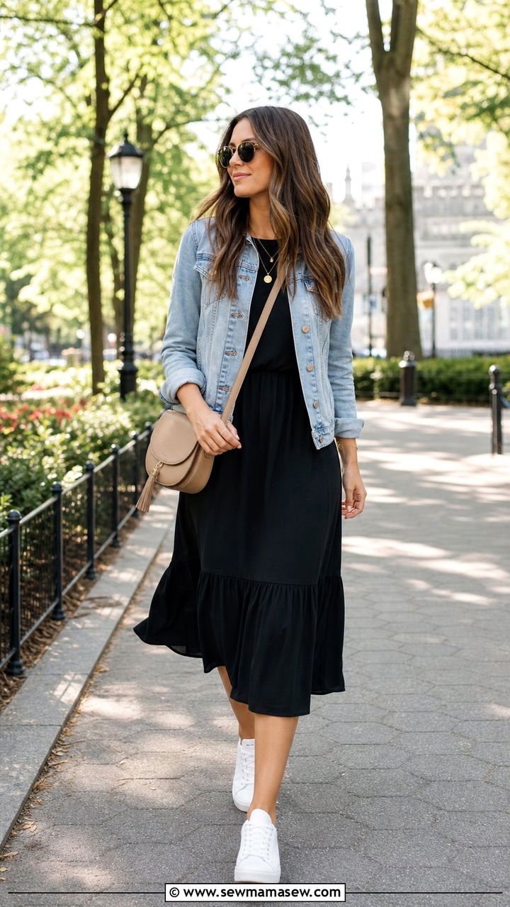 Black Midi Dress With Denim Jacket and White Sneakers - 25 spring little black dress outfit ideas