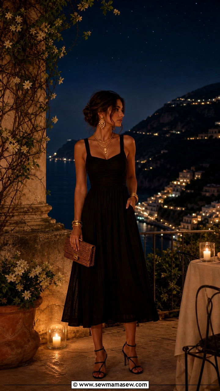 Black Midi Dress With Gold Jewelry and Heeled Sandals - 40 What to wear in Amalfi Coast