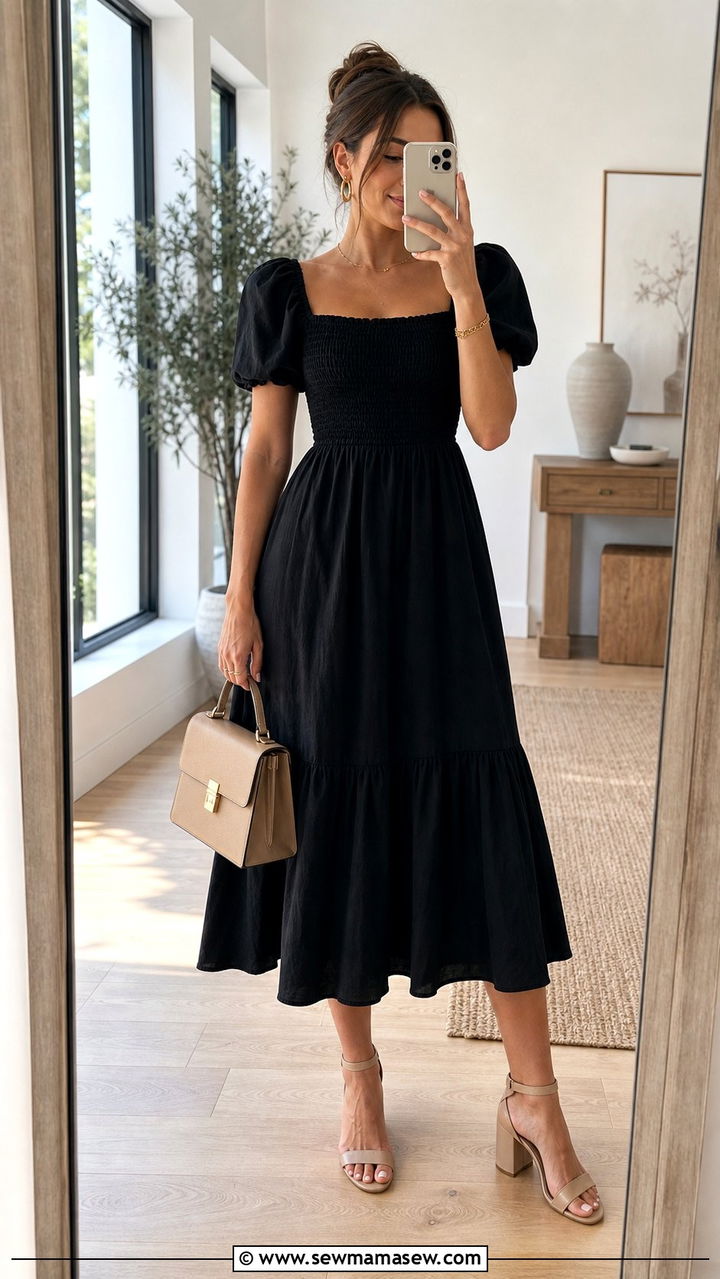 Black Midi Dress With Heeled Sandals - 35 Black dress outfit ideas summer 2026