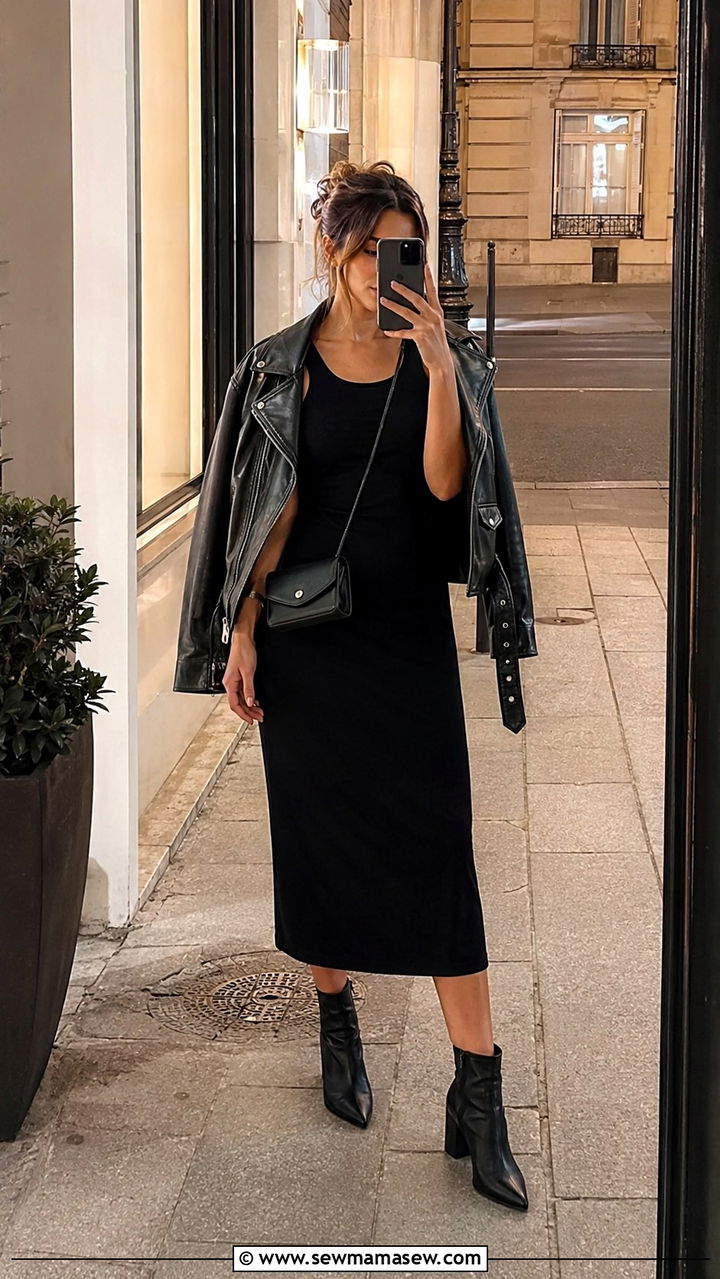 Black Midi Dress With Leather Jacket and Ankle Boots - 30 Midi dress outfit ideas with a jacket