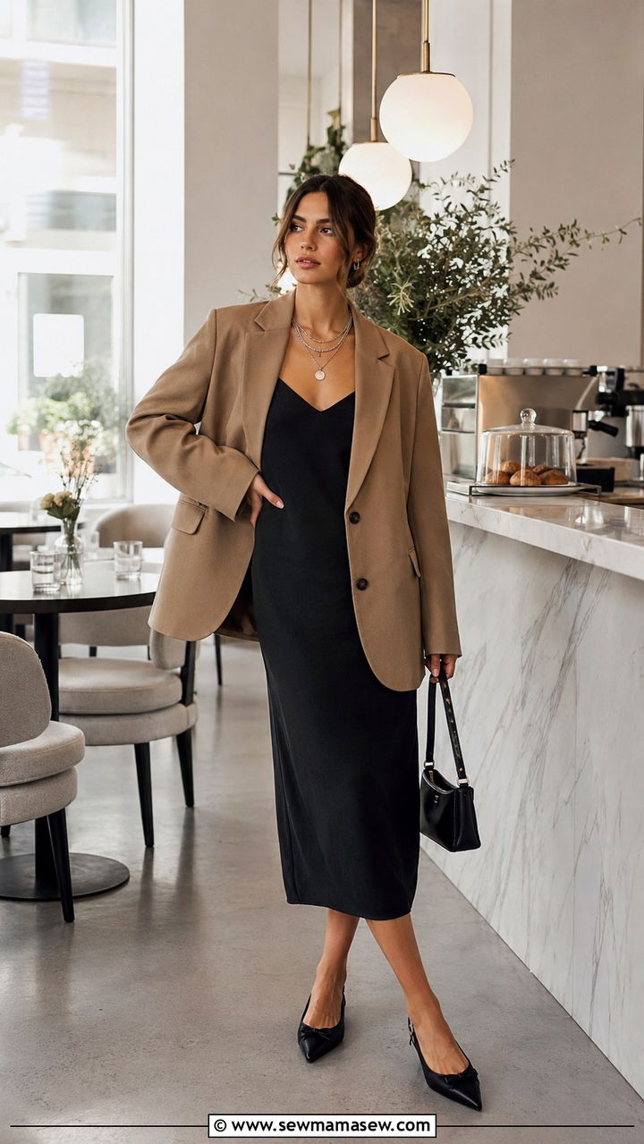 Black Midi Dress With Oversized Blazer - 30 Midi dress for brunch outfit ideas