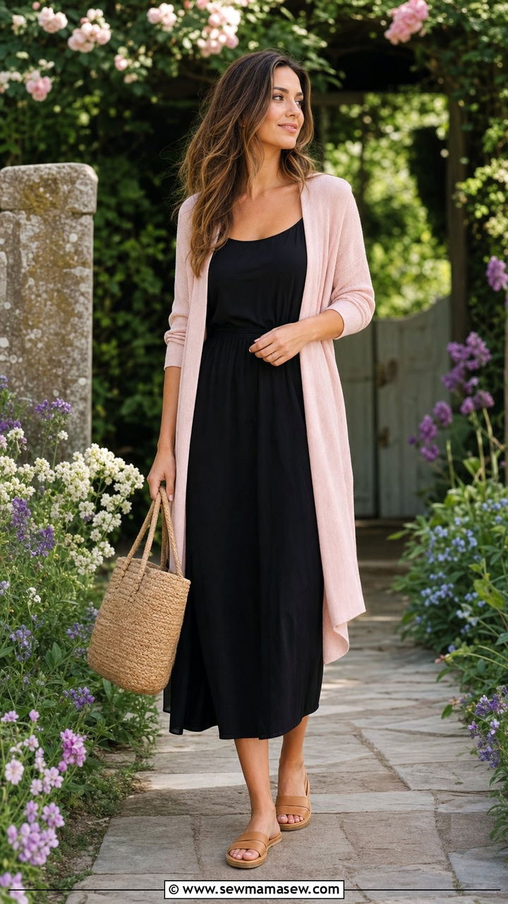 Black Midi Dress With Pastel Cardigan and Sandals - 25 spring little black dress outfit ideas