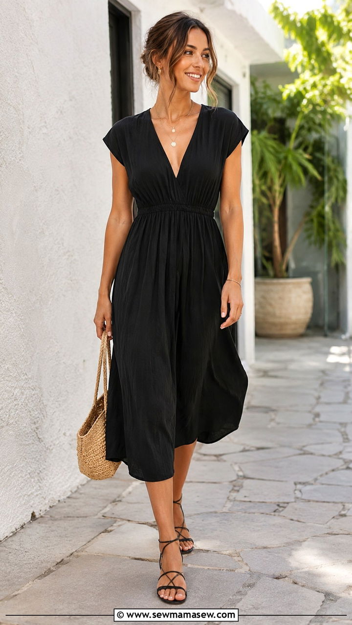 Black Midi Dress With Strappy Sandals - 30 Midi dress outfit ideas with sandals