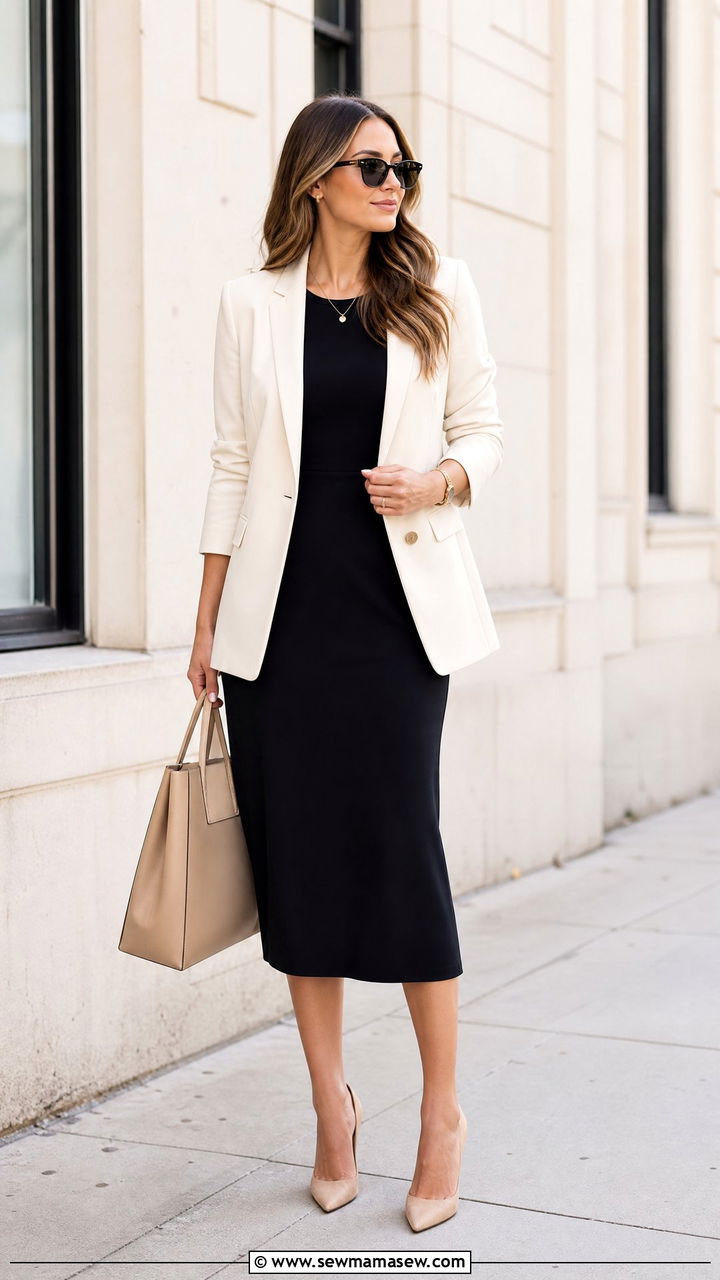 Black Midi Dress With Structured Cream Blazer - 35 Minimalist work outfits