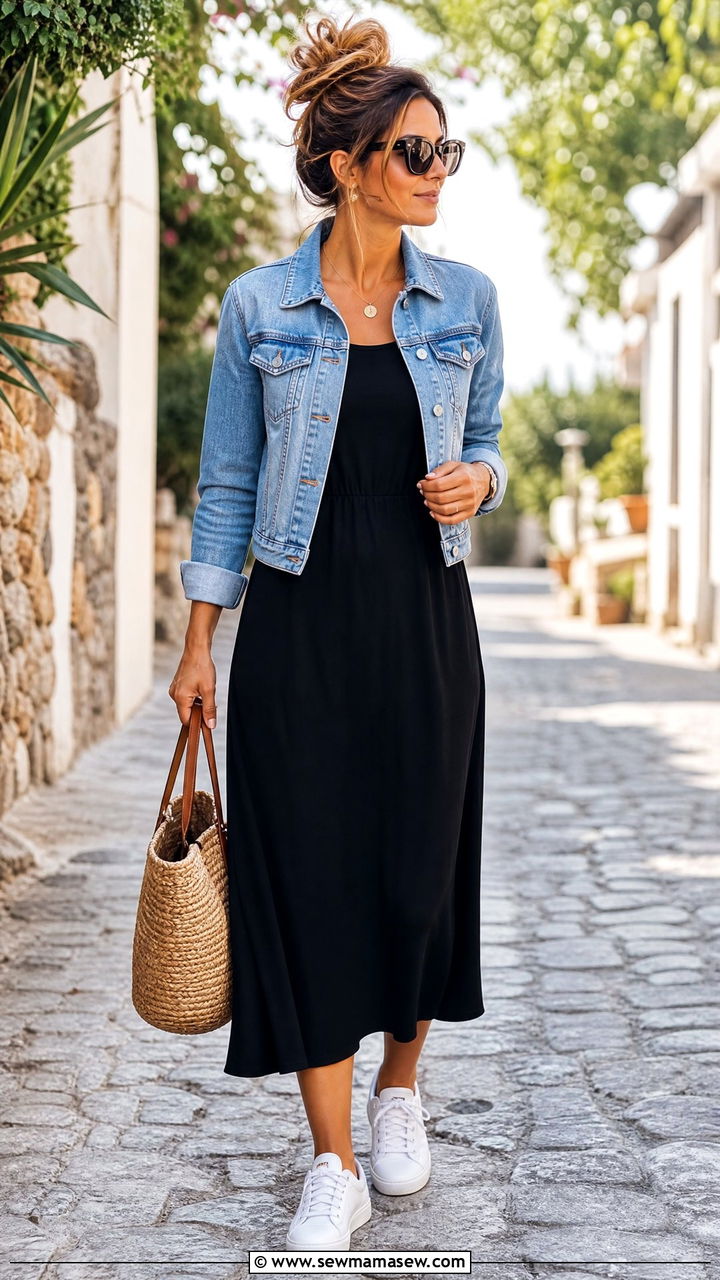 Black Midi Dress With White Sneakers and Denim Jacket Messy Bun - 25 French girl outfit ideas with messy bun
