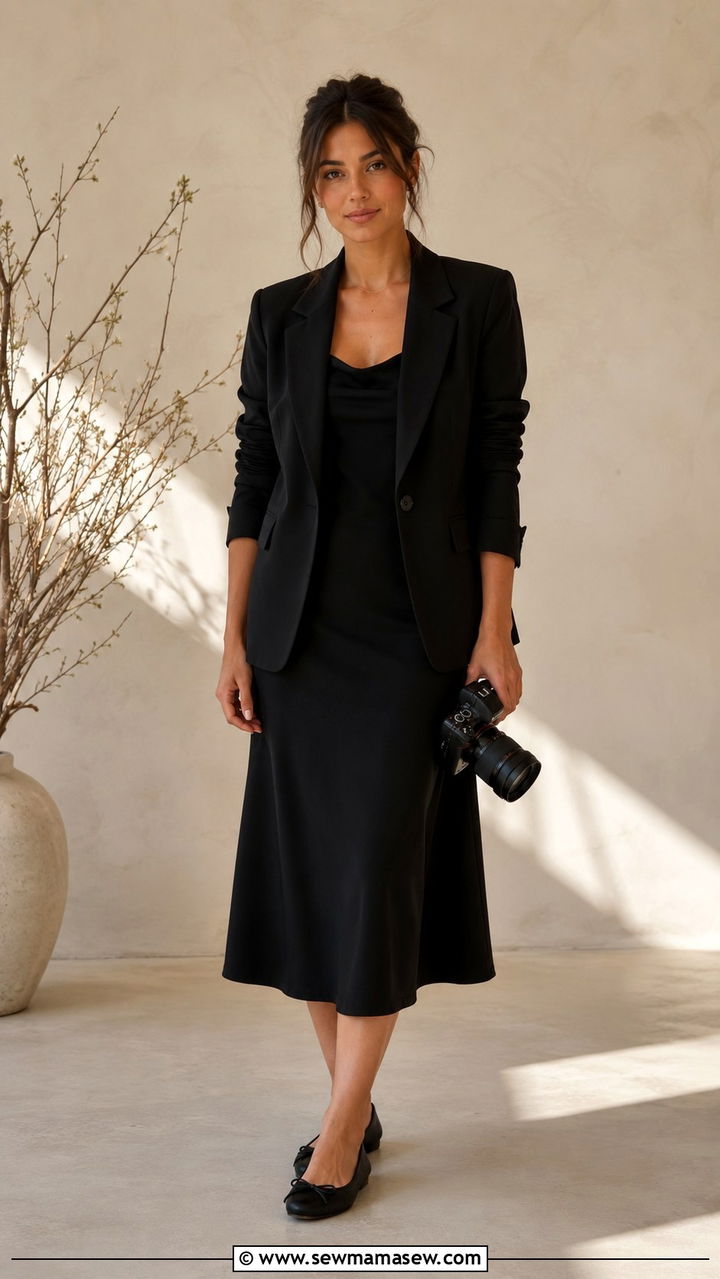 Black Midi Dress and Blazer Outfit for Videographers - 25 Videographer outfit ideas