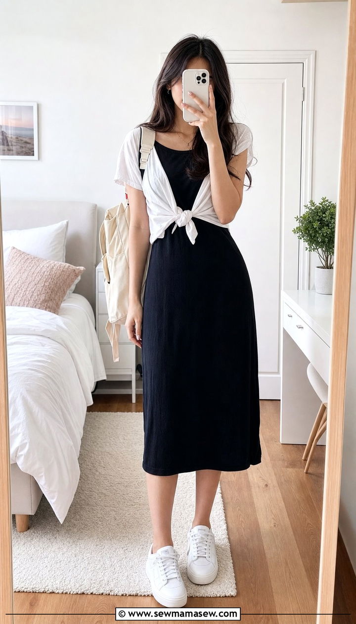Black Midi Dress and White Sneakers Outfit - 25 Clean girl outfit ideas for school