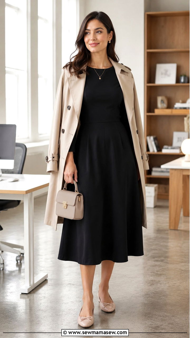 Black Midi Dress with Ballet Flats - 30 business casual outfits ideas