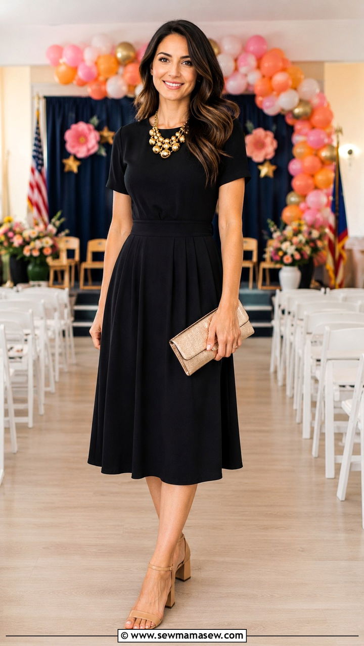 Black Midi Dress with Bold Necklace - 30 Kindergarten graduation outfit ideas for moms
