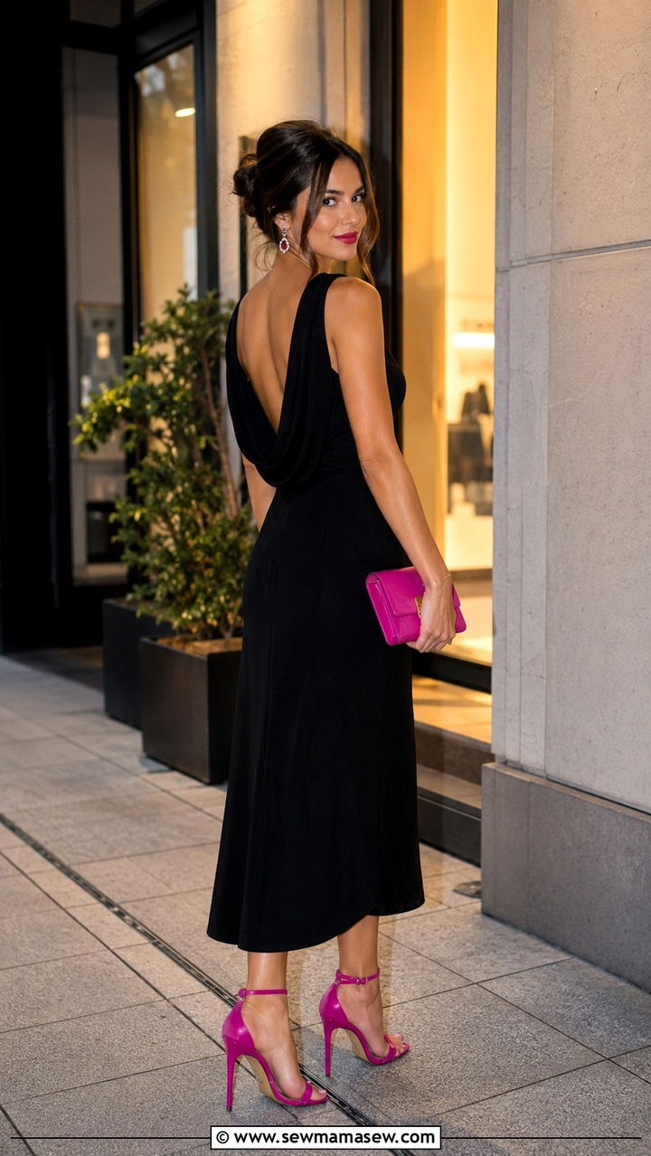 Black Midi Dress with Colorful Heels - 25 Wedding guest outfit ideas for college girls