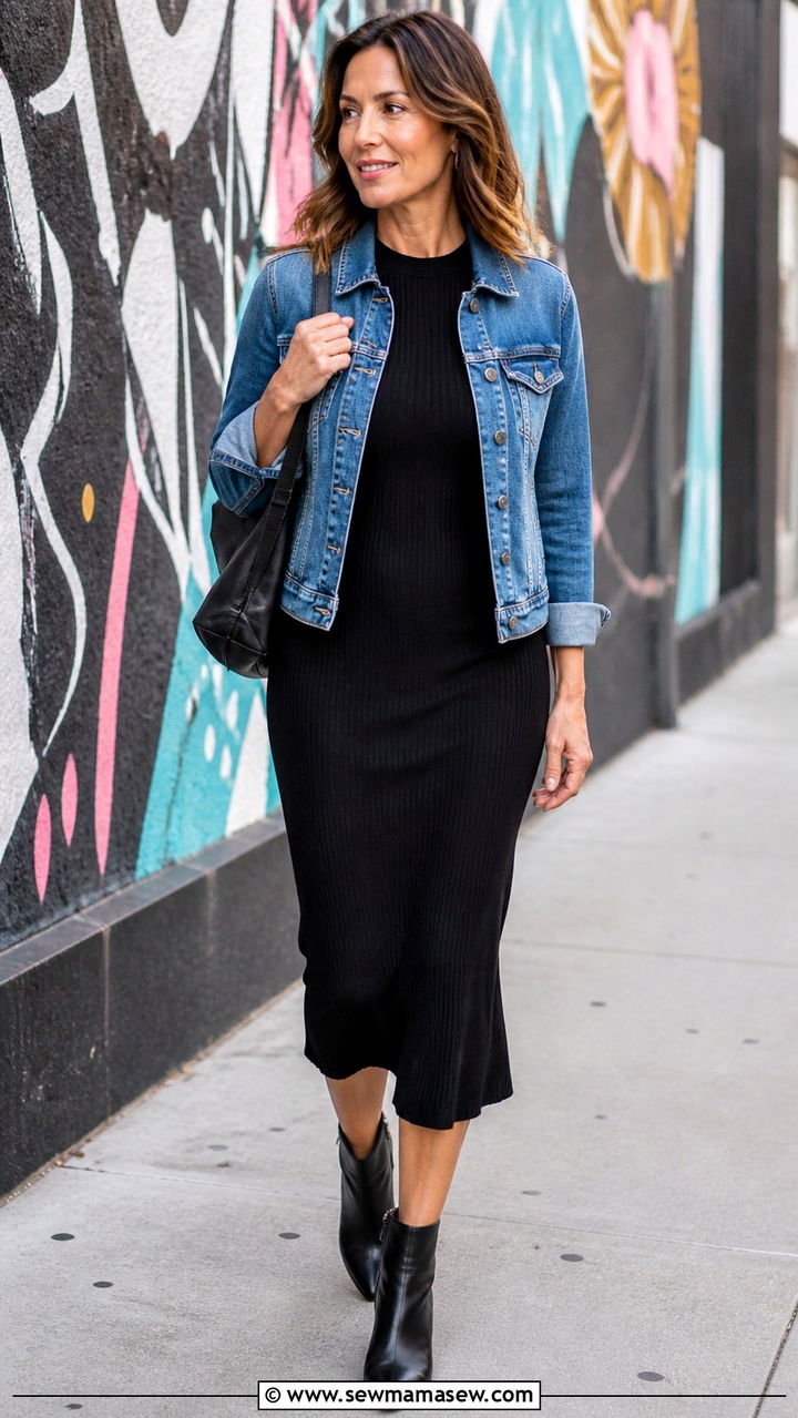 Black Midi Dress with Denim Jacket and Ankle Boots - 20 40 year old woman outfit ideas