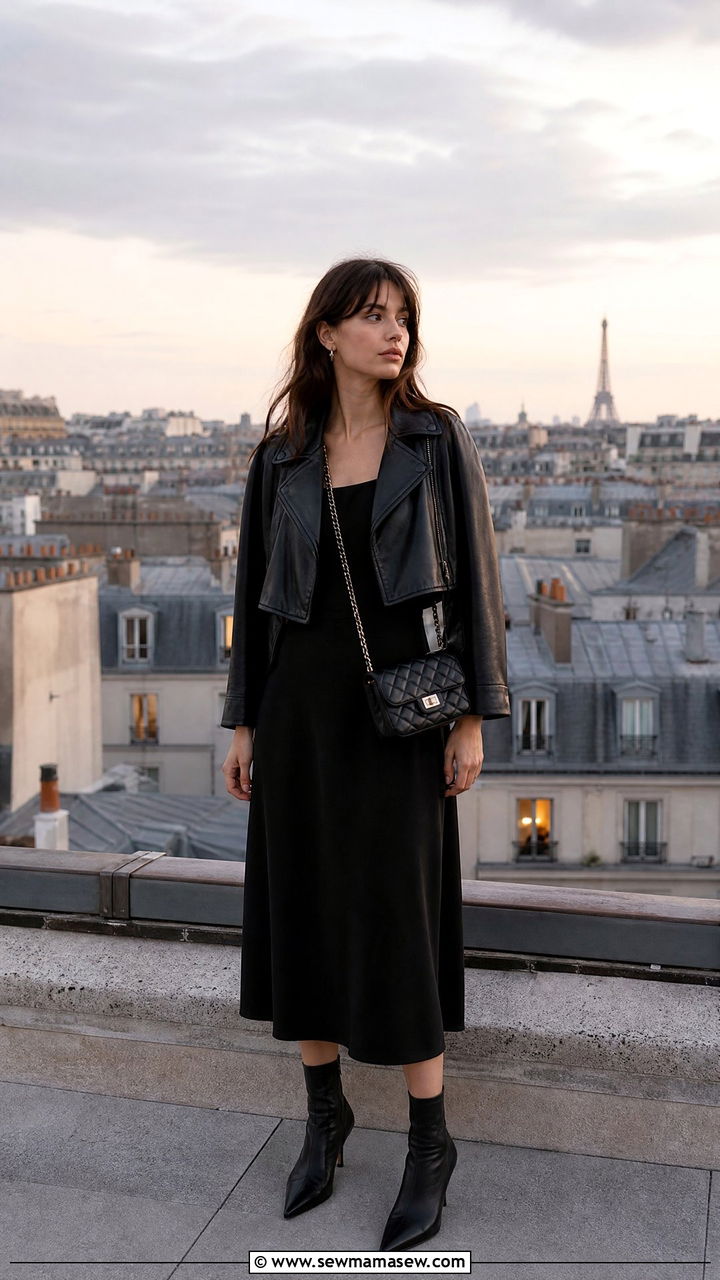 Black Midi Dress with Leather Jacket and Ankle Boots - 30 French girl outfit ideas minimalist