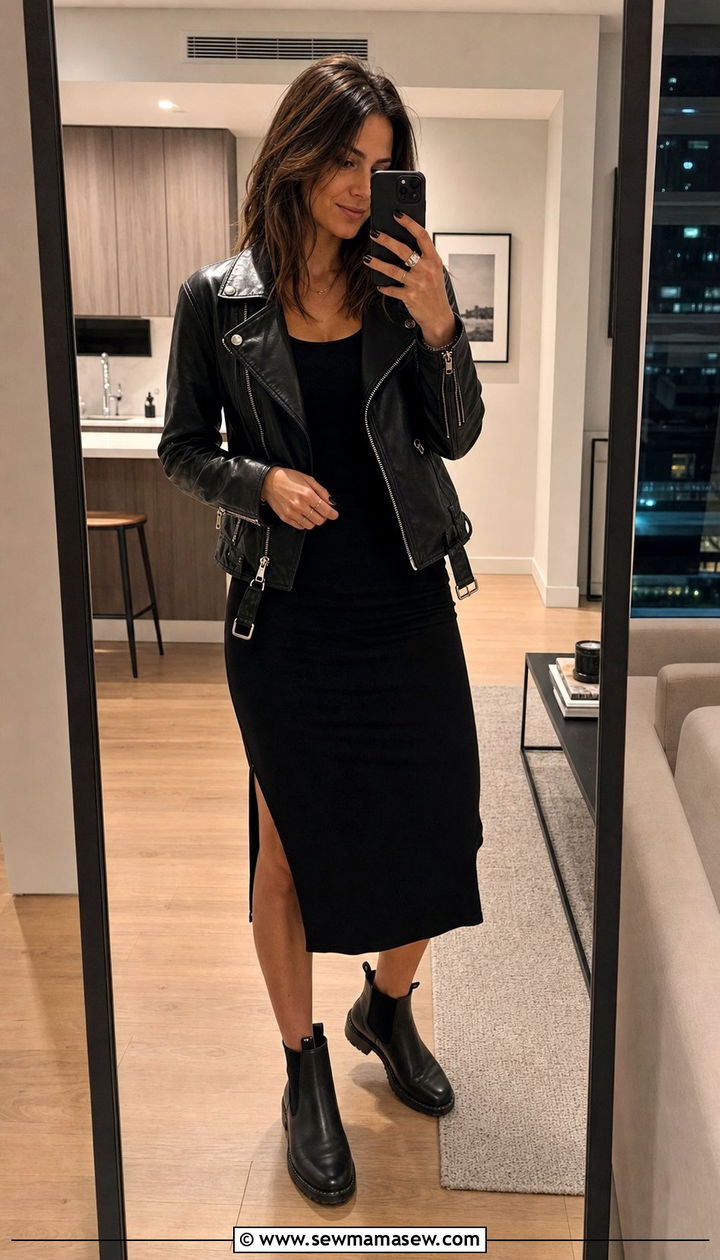Black Midi Dress with Moto Jacket and Chelsea Boots - 35 casual midi dress outfits